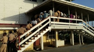 Members of the Guyana Police Force waiting their turn to vote on May 02. [iNews' Photo]