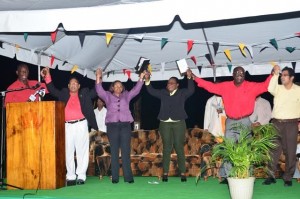 GTUC President Lincoln Lewis, Prime Minister Moses Nagamootoo, Minister of Social Protection Volda Lawrence, Minister within the Ministry of Social Protection Simona Broomes, FITUG President Carvil Duncan and GAWU’s Deputy Ashin Singh