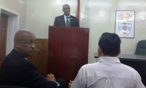 Minister of State , Joseph Harmon addressing reporters during the press conference at the Ministry of Presidency. [iNews' Photo]