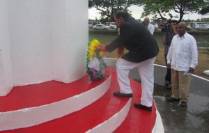 Prime Minister Moses Nagamootoo lays a wreath at the Enmore Martyrs’ Memorial site 