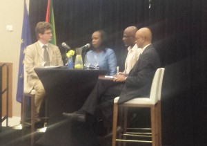 The panelists: Dr Paulette Bynoe, Gary Best and Dr David Singh along with moderator, British High Commissioner Greg Quinn.