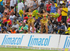 BASSETERRE, ST. KITTS AND NEVIS - AUGUST 16: Cheerleaders of Guyana Amazon Warriors cheer for their team during the Limacol Caribbean Premier League 2014 final match between Guyana Amazon Warriors and Barbados Tridents at Warner Park on August 16, 2014 in Basseterre, St. Kitts and Nevis. [Photo by Randy Brooks/LatinContent/Getty Images)